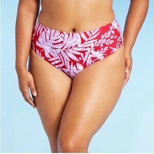 Kona Sol Red Floral Bikini Bottom High Waist Medium Coverage Tropical Size L